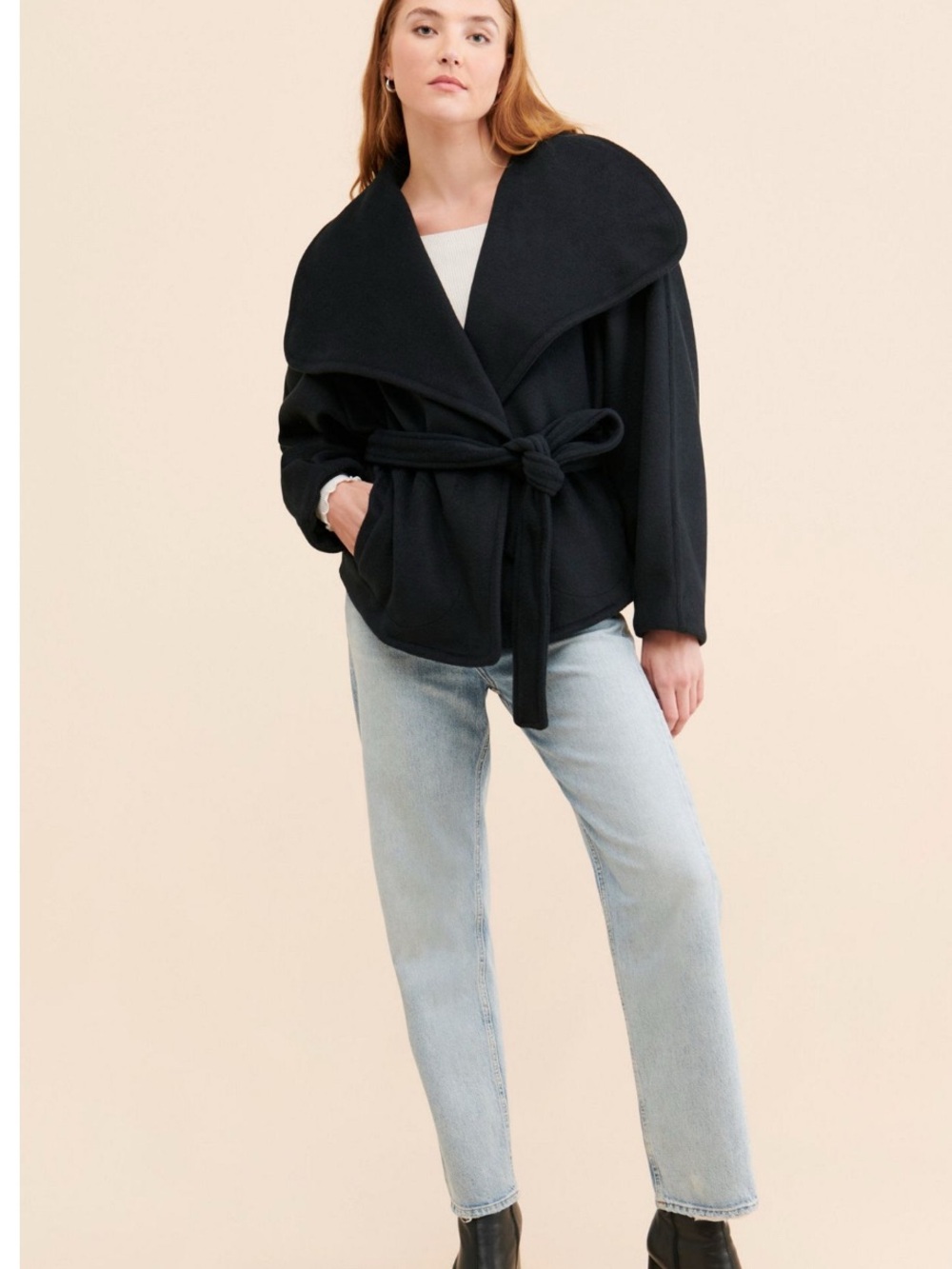 Free People Black Shawl Collar Belted Wool Jacket